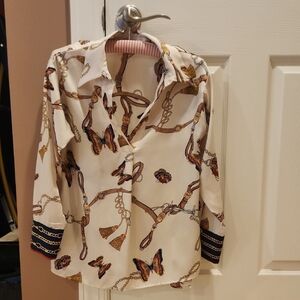 Zara Cream Button-Down Blouse with Butterfly & Chain Motif